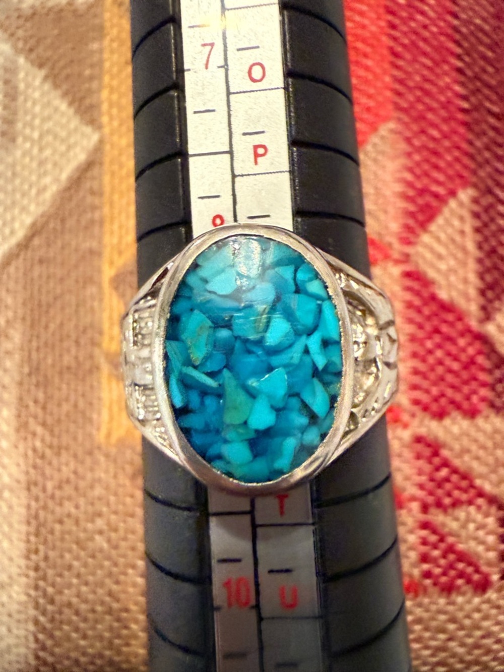Turquoise Inlay Oval silver coated Ring - costume jewelry size 9